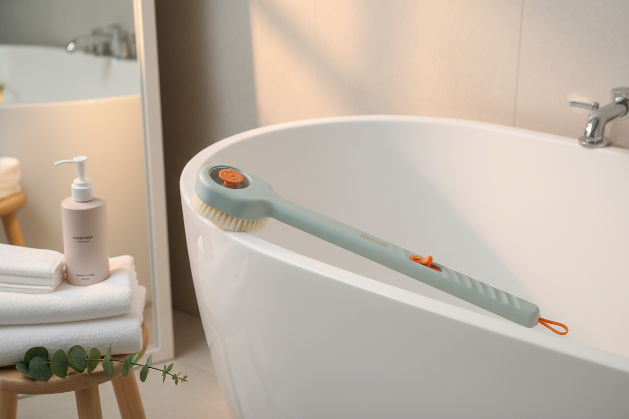 2-in-1 Push-Pull Liquid Bath Scrubber Brush in spa bathroom setting
